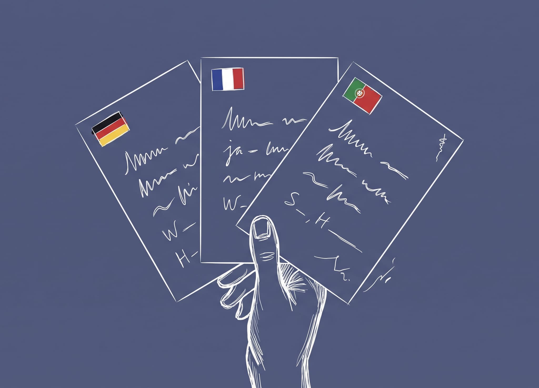 A hand holding three sheets fanned out like playing cards, each one tagged with a different flag.