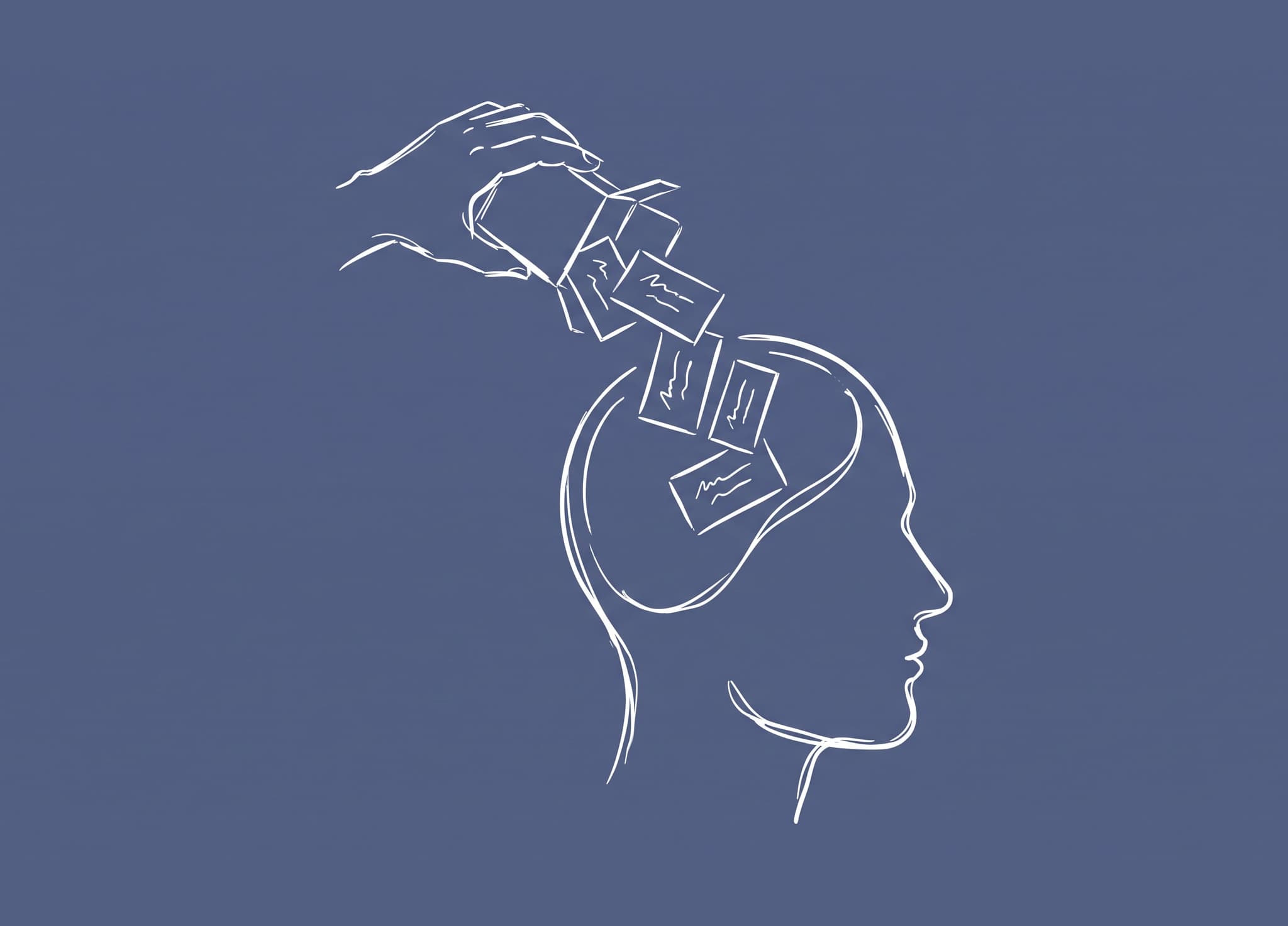 A hand tipping a small box, translation cards falling out of it into an open head in profile.