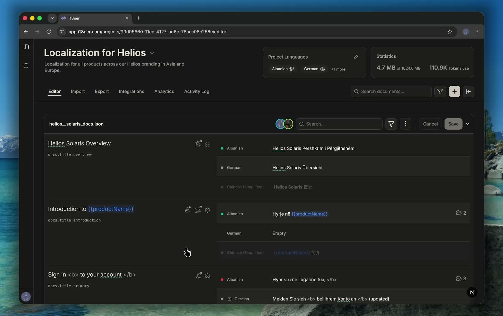 A recording of the i18ner editor: hovering the Chinese (Simplified) row shows "You don't have permission to edit Chinese (Simplified) translations", while the German row next to it is edited and saved.