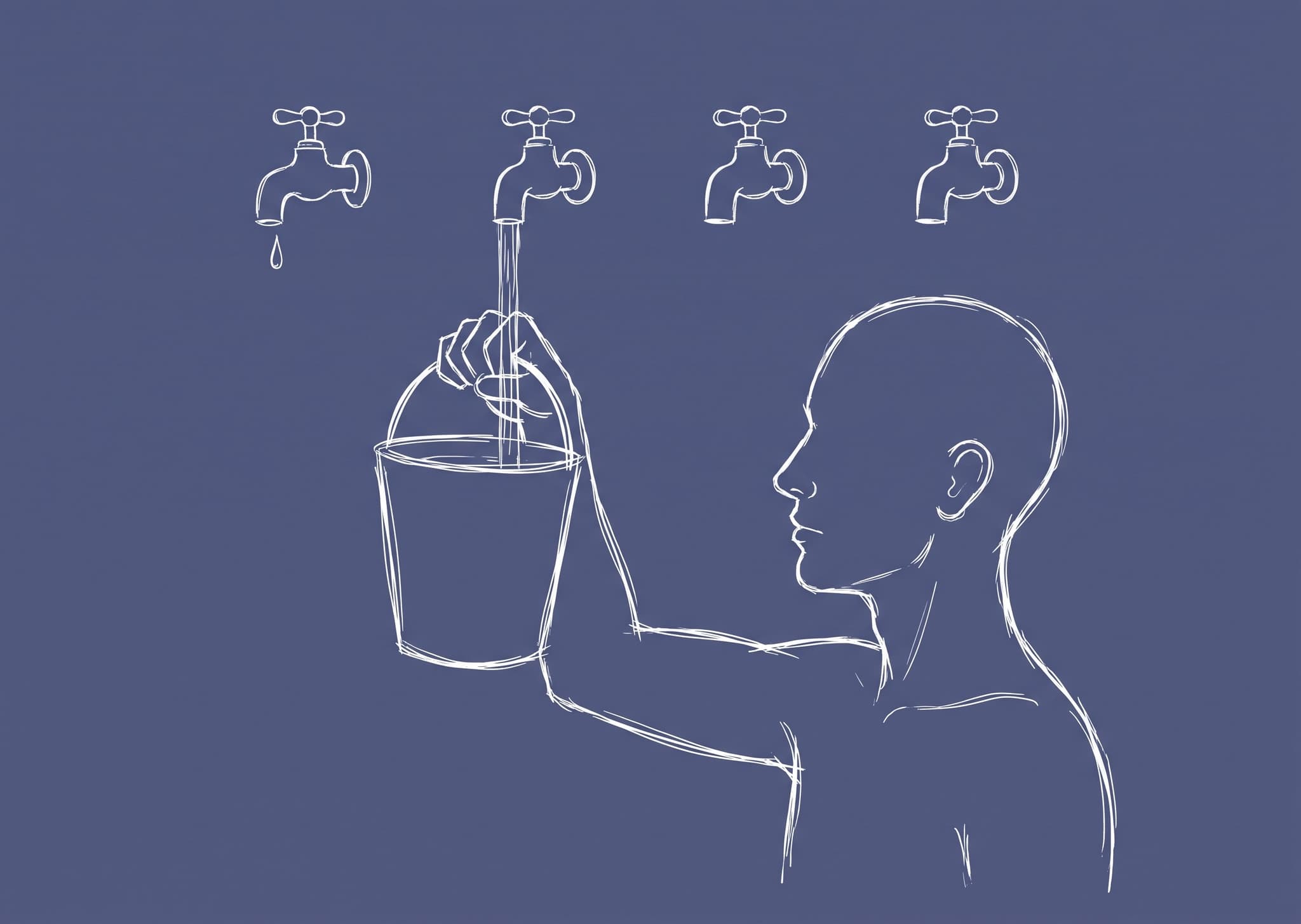 A person in profile holding a bucket up under a row of four taps, filling it from the second one while the first hangs dry and the last two wait their turn.